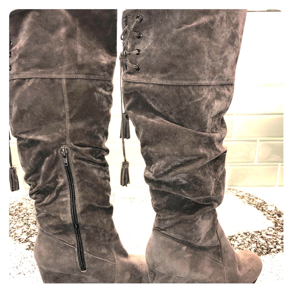 SUNNI. Gray Faux suede over the knee boots